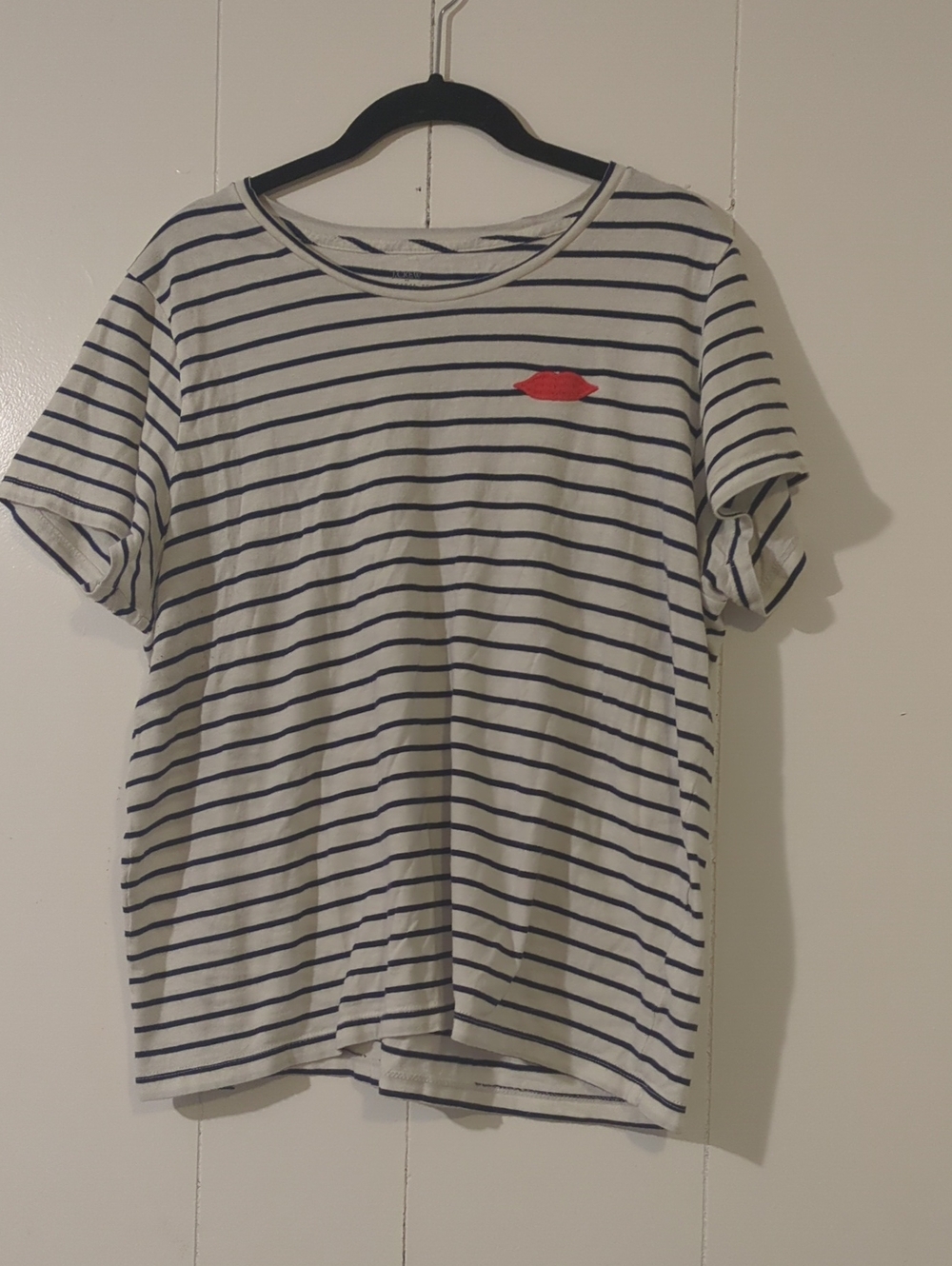J. Crew Navy Striped Short Sleeve Tee with Red Patch
